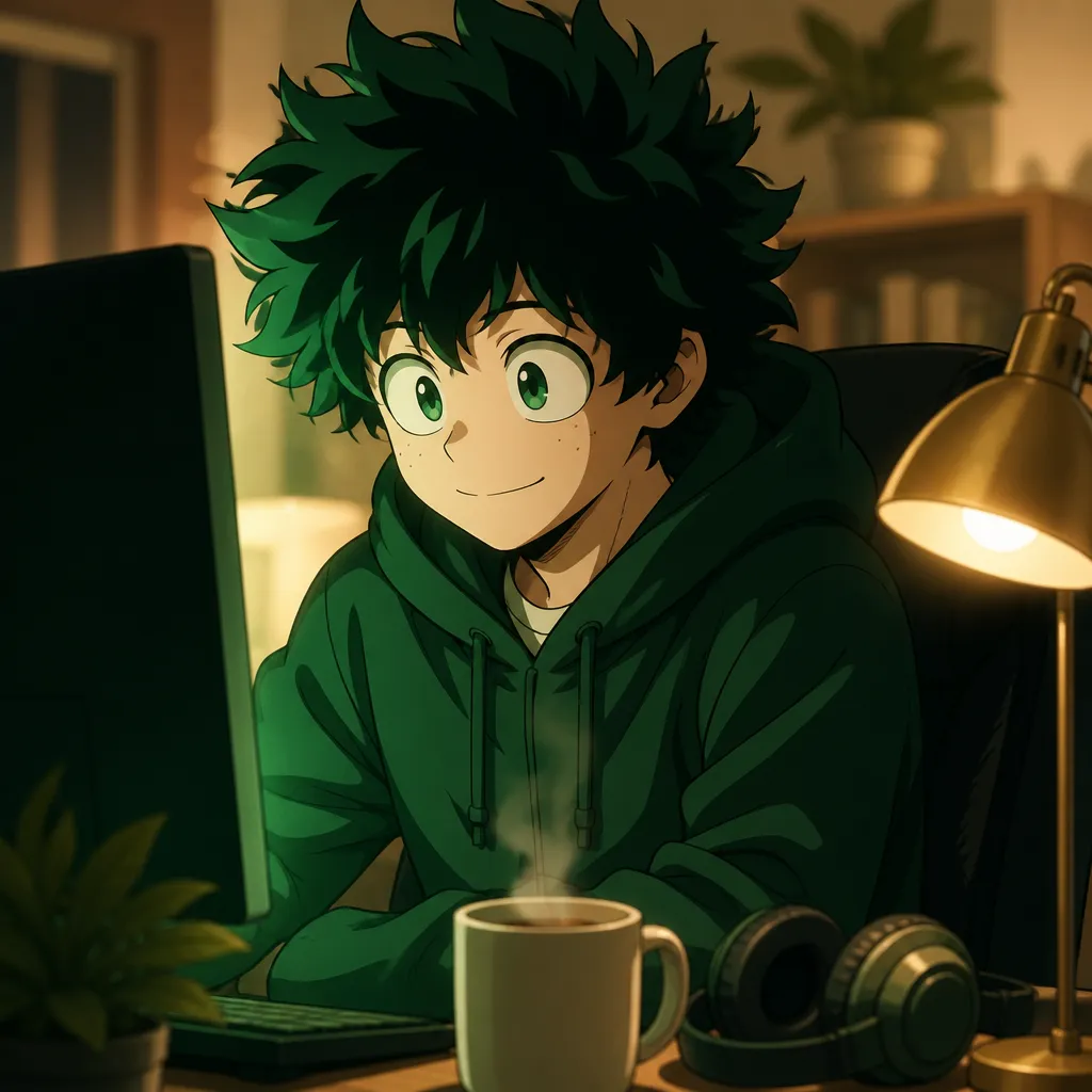 Illustration de Deku (My Hero Academia) souriant devant son bureau de développeur, baigné par la lueur d'un écran et d'une lampe