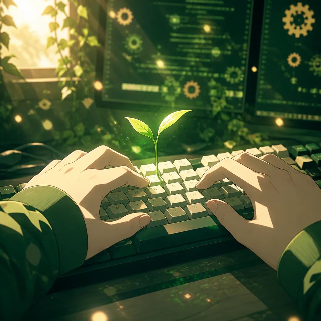 Des mains sur un clavier mécanique d'où pousse une jeune pousse verte, écrans et engrenages en arrière-plan